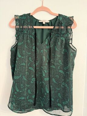 LOFT Dark Green Paisley Tie-Neck Sleeveless Blouse